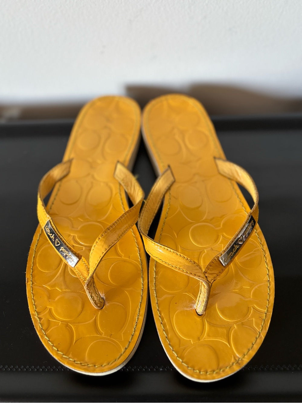 Coach Yellow Patent Signature Flip Flops